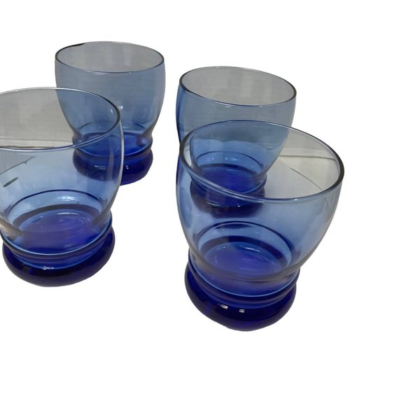 Vintage COBALT BLUE Tumbler Pedestal Bottom Set of 4 Glasses Beverages 4.25" H - Picture 5 of 8